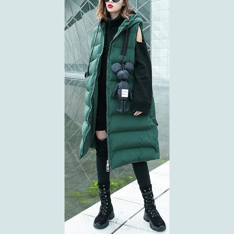 Green Down Jacket Hooded Zippered Parka Sleeveless Animal Overcoat