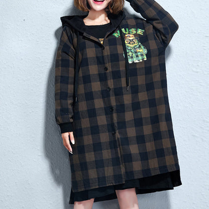 Grid Prints Cotton Coats Hooded Winter Thick Outfits