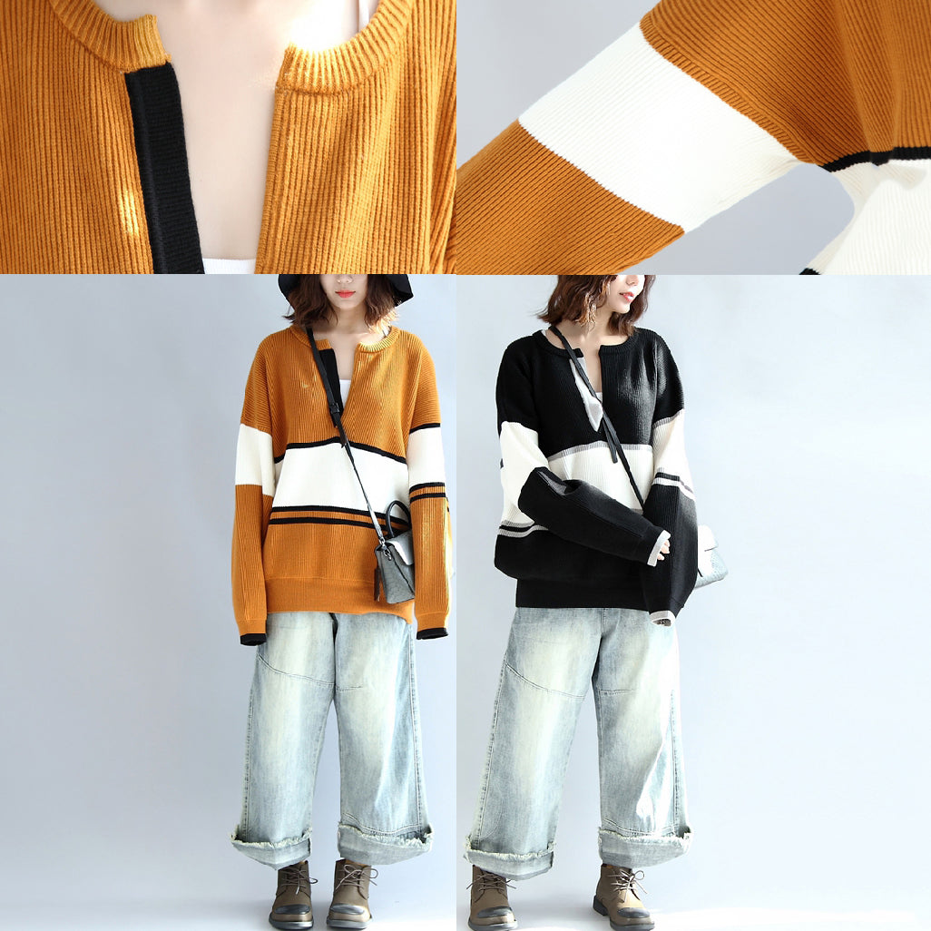 Long Sleeve Cotton Sweater Oversize Black White Patchwork Knit Pullover