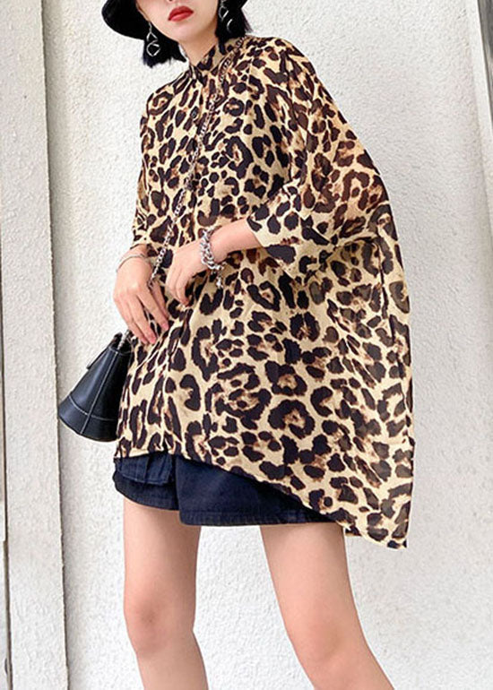 Low High Design Stand Collar Leopard Chiffon Shirts Spring