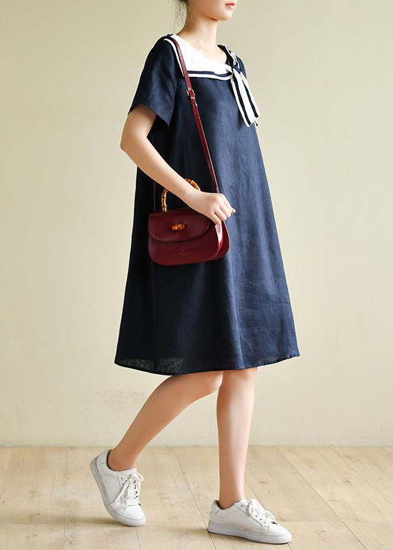 Navy Style Collar Short Sleeve Mid-length Dress
