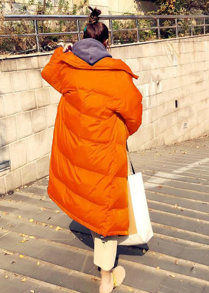 Orange Down Coat Winter Loose Fitting Winter Jacket Stand Collar Cinched Quality Overcoat