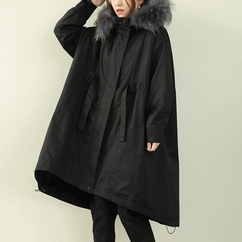 Oversized Winter Outwear Black Hooded Faux Fur Collar Winter Parkas