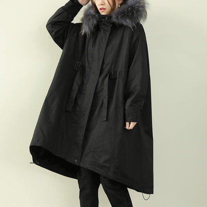 Oversized Winter Outwear Black Hooded Faux Fur Collar Winter Parkas