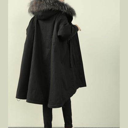 Oversized Winter Outwear Black Hooded Faux Fur Collar Winter Parkas