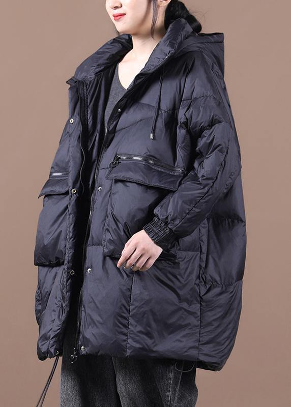 Down Jacket Black Hooded Batwing Sleeve Down Coat Winter