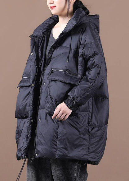 Down Jacket Black Hooded Batwing Sleeve Down Coat Winter