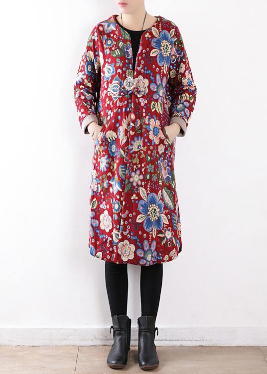 Snow Jackets V Neck Winter Outwear Red Prints Warm Outfit