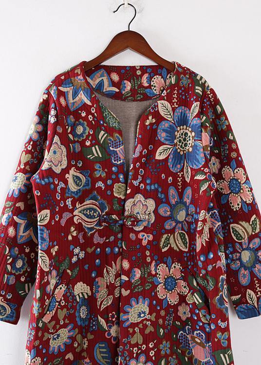 Snow Jackets V Neck Winter Outwear Red Prints Warm Outfit
