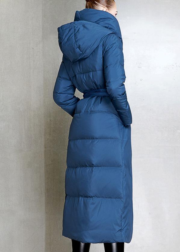 Parka Hooded Overcoat Blue Tie Waist Down Coat Winter