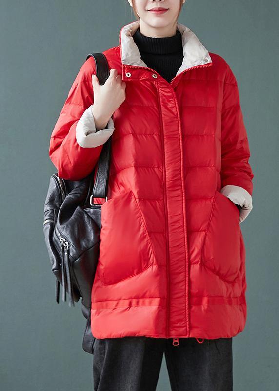 Red Down Jacket Woman Stand Collar Pockets Jackets