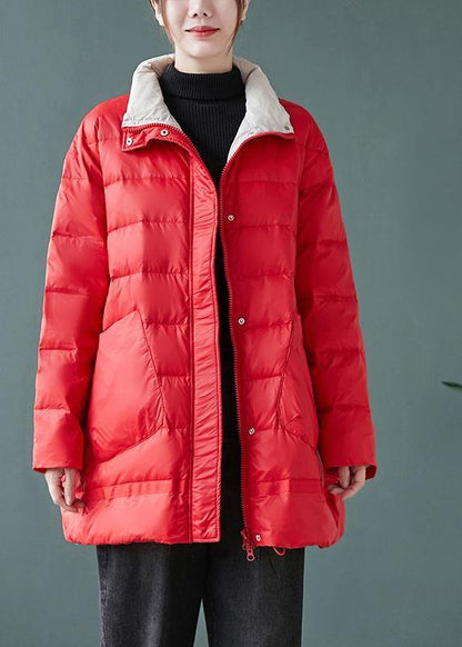 Red Down Jacket Woman Stand Collar Pockets Jackets