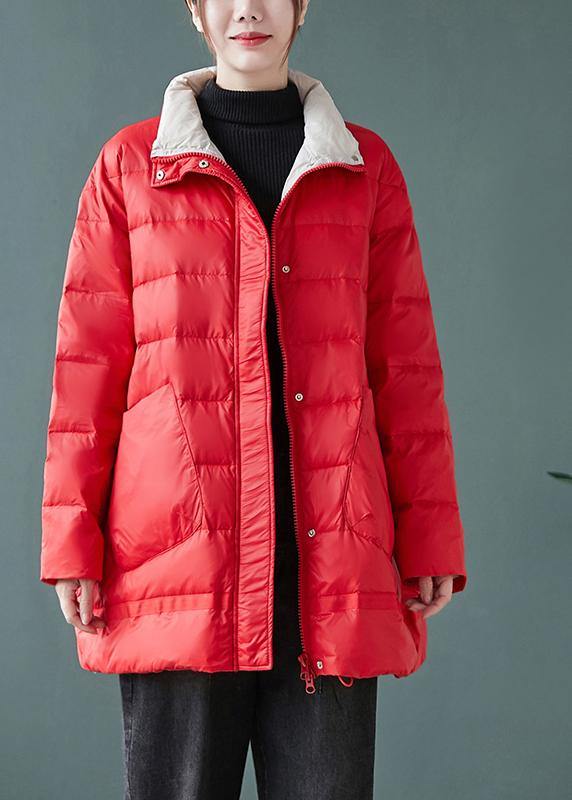 Red Down Jacket Woman Stand Collar Pockets Jackets