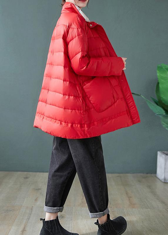 Red Down Jacket Woman Stand Collar Pockets Jackets