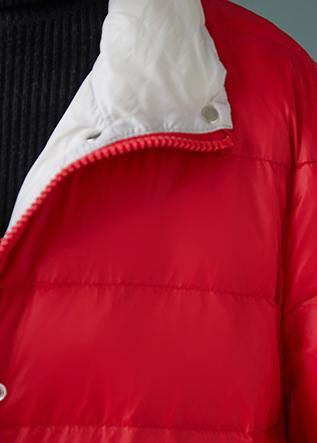 Red Down Jacket Woman Stand Collar Pockets Jackets