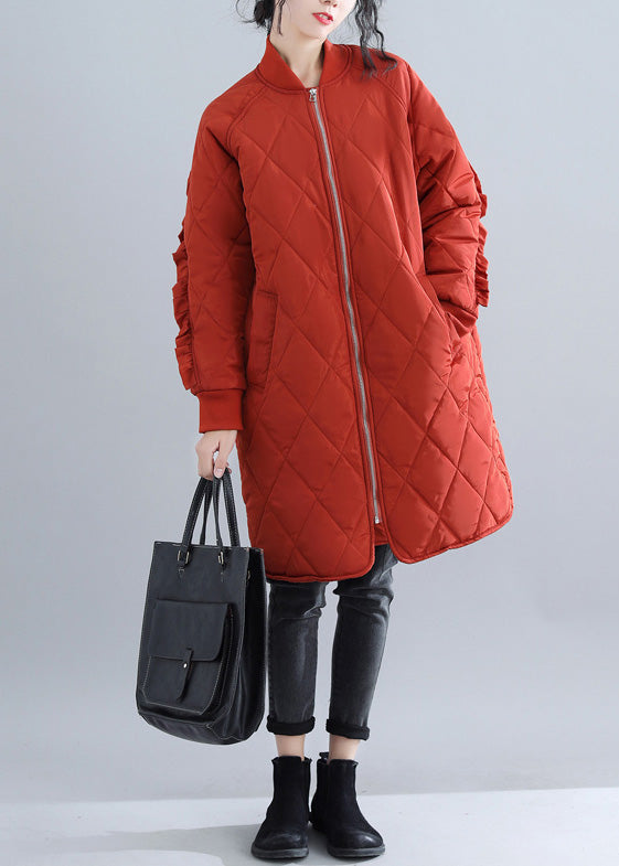 Red Parka Stand Collar Jackets & Coats Ruffles Coats
