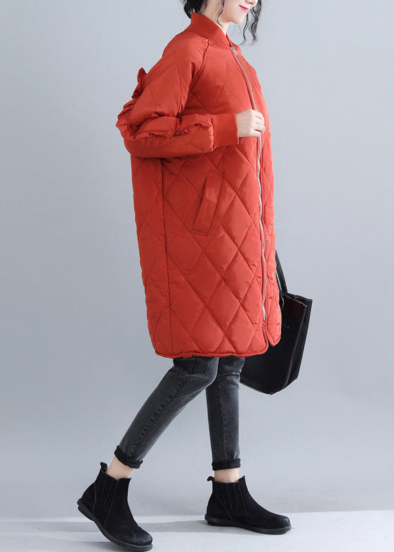 Red Parka Stand Collar Jackets & Coats Ruffles Coats