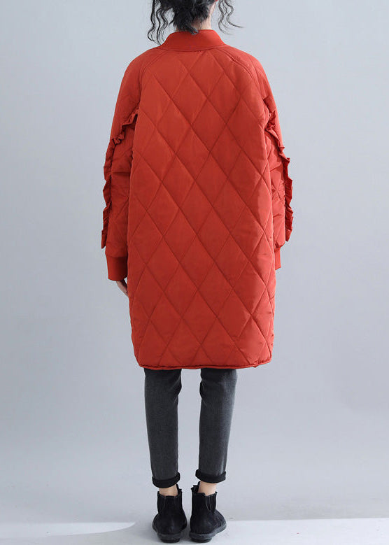 Red Parka Stand Collar Jackets & Coats Ruffles Coats