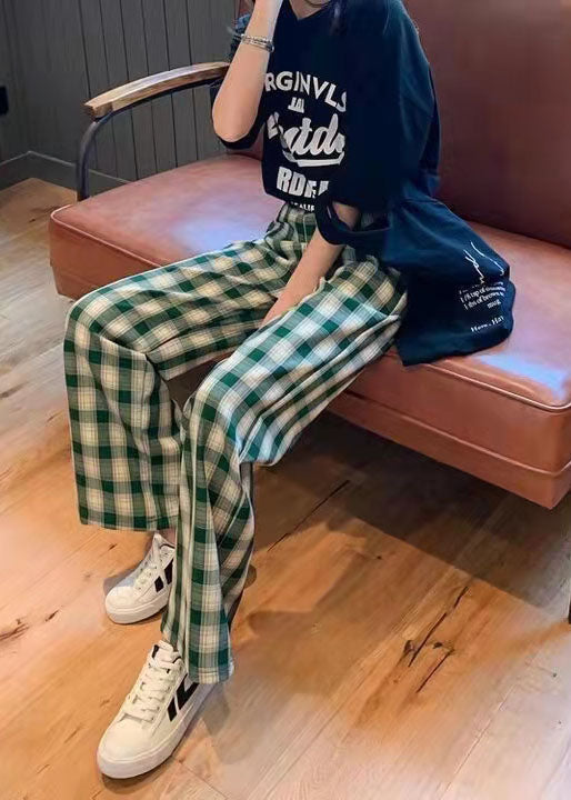 Green Plaid High Waist Zippered Wide Leg Pants
