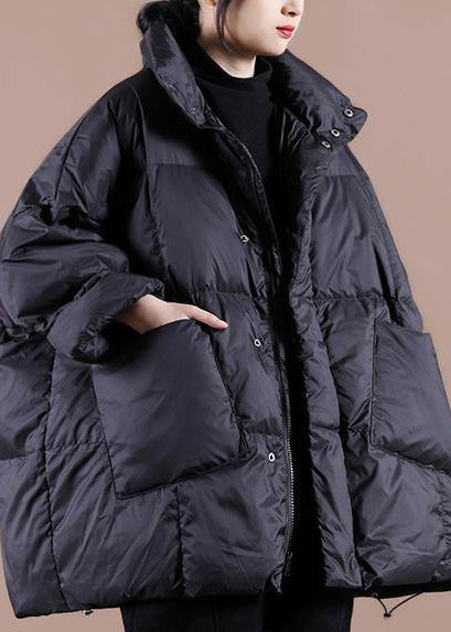 Clothing Parka Jackets Black Stand Collar Large Pockets Down Coat Winter