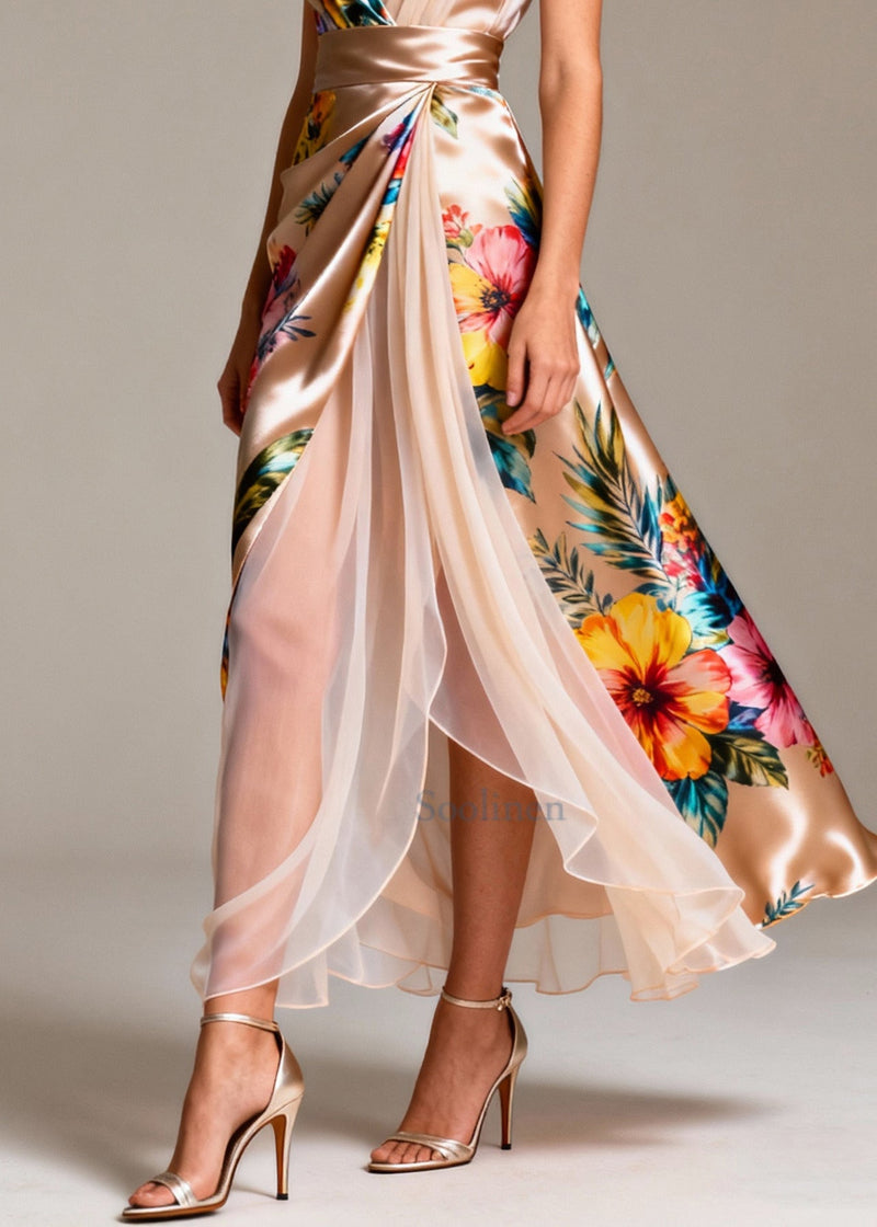 Champagne Patchwork Tulle Silk Holiday Dress Side Open Sleeveless