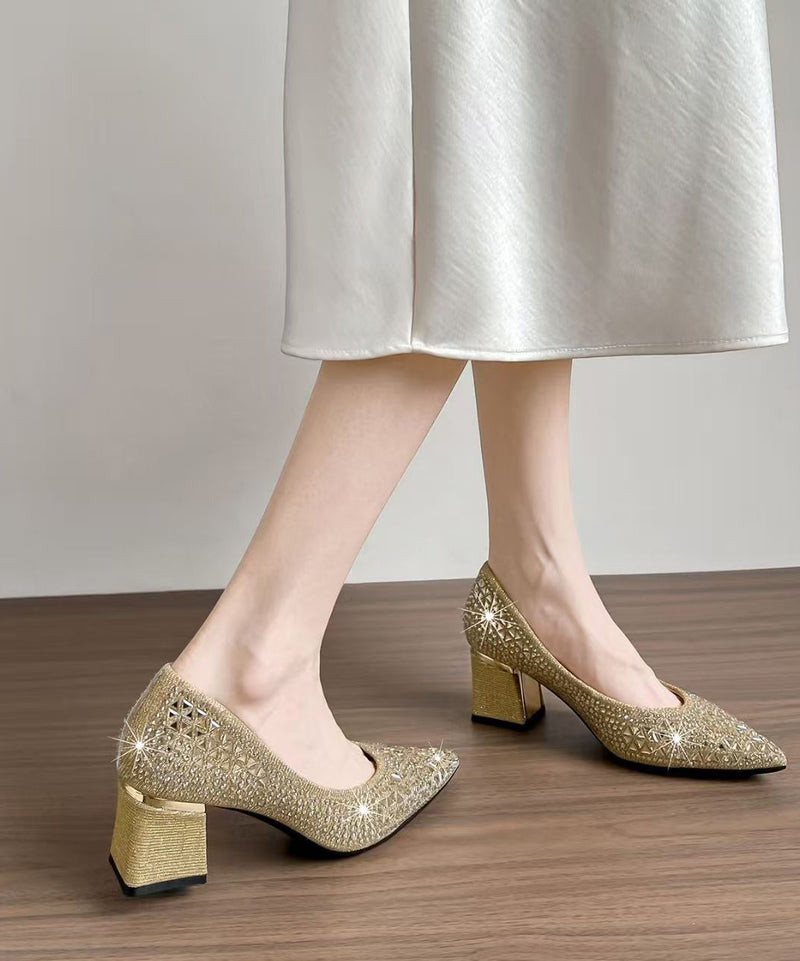 Champagne Sparkly High Heels Chunky Faux Leather Hollow Out High Heels