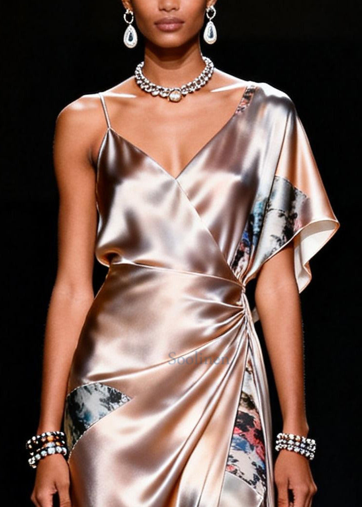 Apricot Asymmetrical Patchwork Silk Sundress Summer
