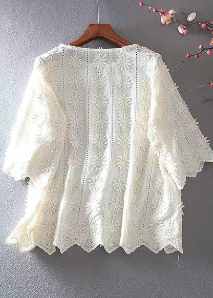 Apricot Embroidered Hollow Out Cotton Top Half Sleeve