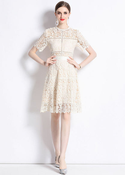 Apricot Embroideried Hollow Out Patchwork Lace Mid Dress Summer