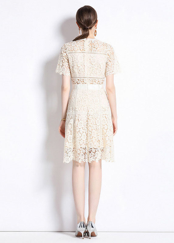 Apricot Embroideried Hollow Out Patchwork Lace Mid Dress Summer