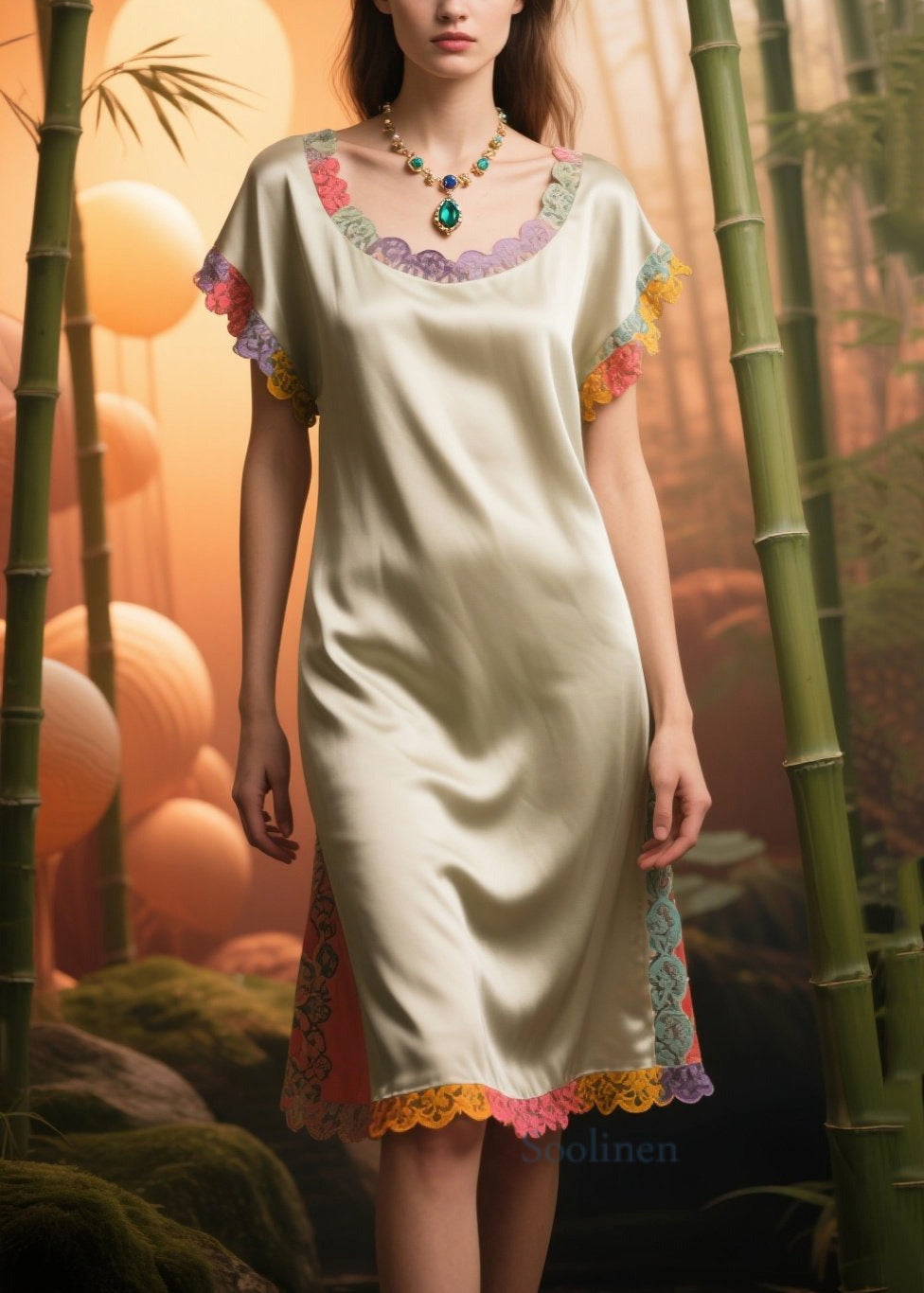 Apricot Oversized Patchwork Lace Silk Tea Dress Summer