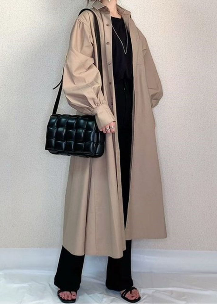 Apricot Peter Pan Collar Wrinkled Patchwork Cotton Long Shirt Trench Spring