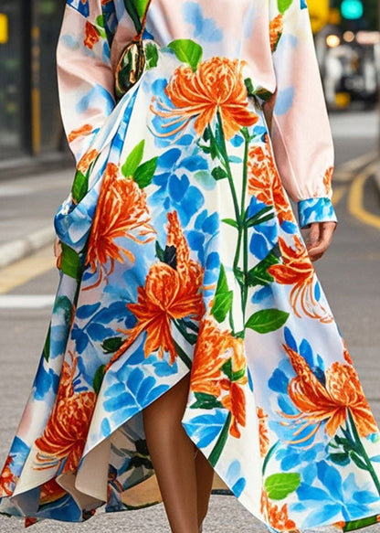 Apricot Print Asymmetrical Design Silk Oriental Dresses Spring