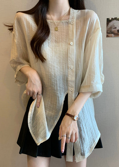 Chic Apricot Square Collar Button Chiffon Shirt Bracelet Sleeve