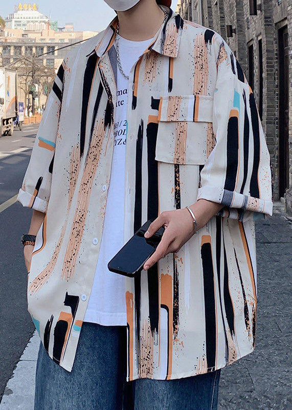 Apricot Striped Button Ice Silk Shirt Bracelet Sleeve