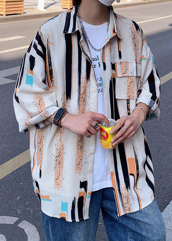 Apricot Striped Button Ice Silk Shirt Bracelet Sleeve
