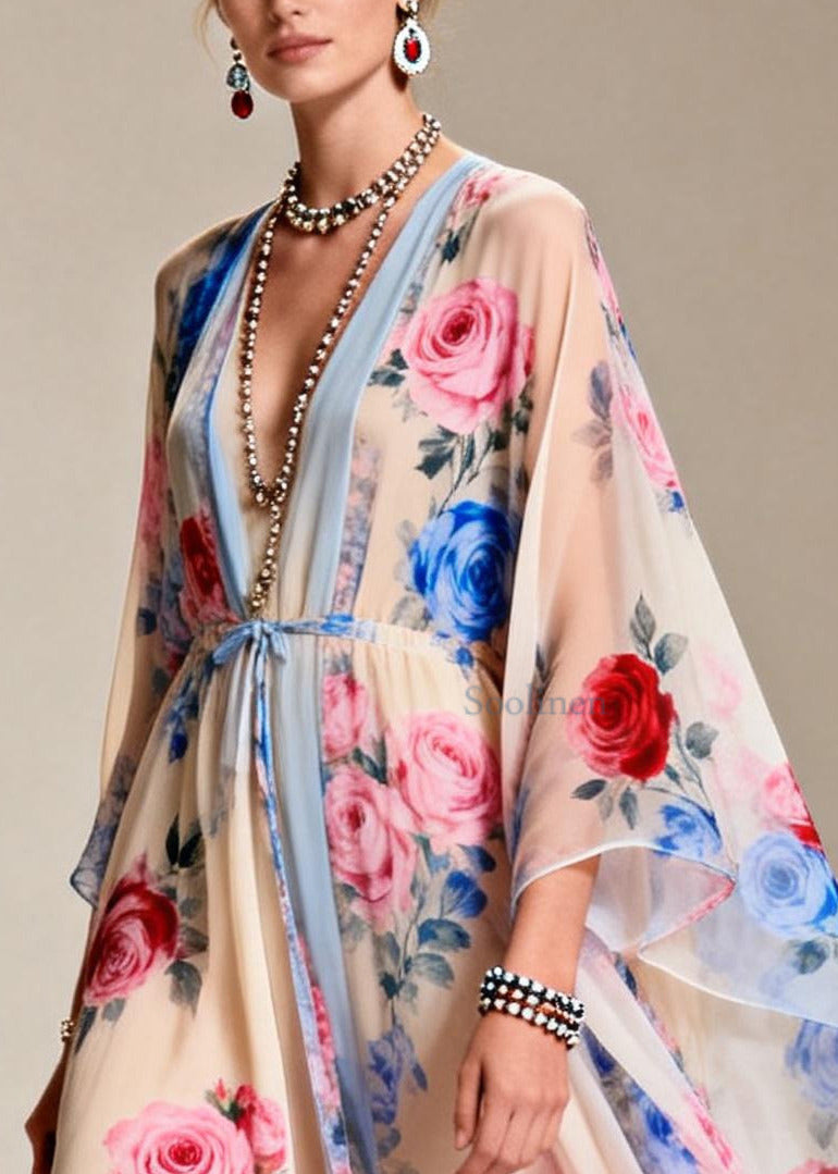 Apricot Tie Waist Print Chiffon Party Dress Summer