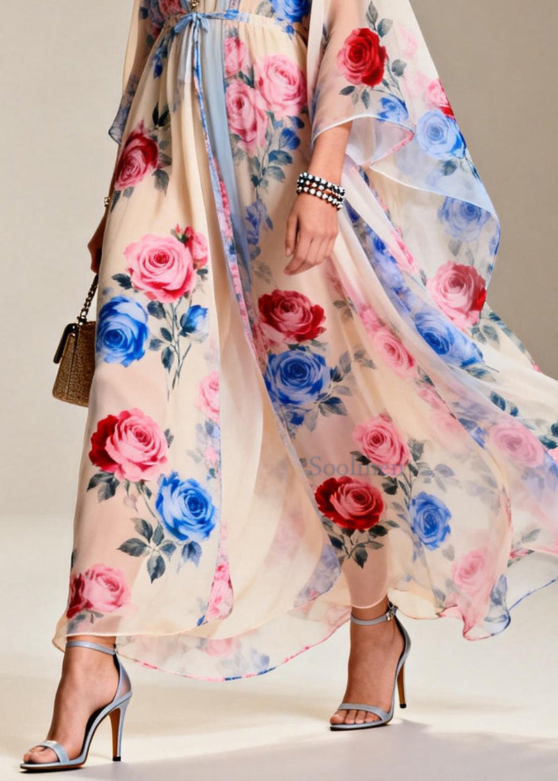 Apricot Tie Waist Print Chiffon Party Dress Summer