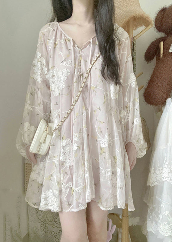 Apricot V Neck Embroidered Silk Mid Dress Lantern Sleeve