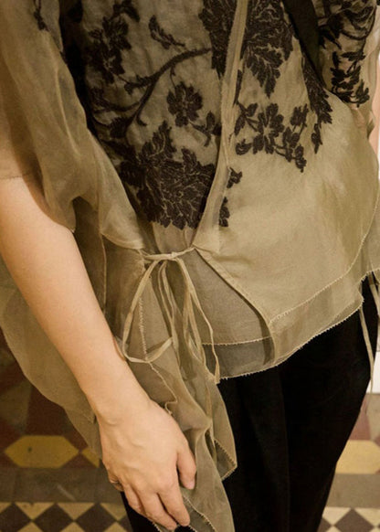 Apricot V Neck Embroideried Lace Up Patchwork Organza Tops Summer