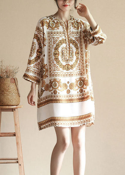 Apricot V Neck Print Patchwork Silk Dresses Summer
