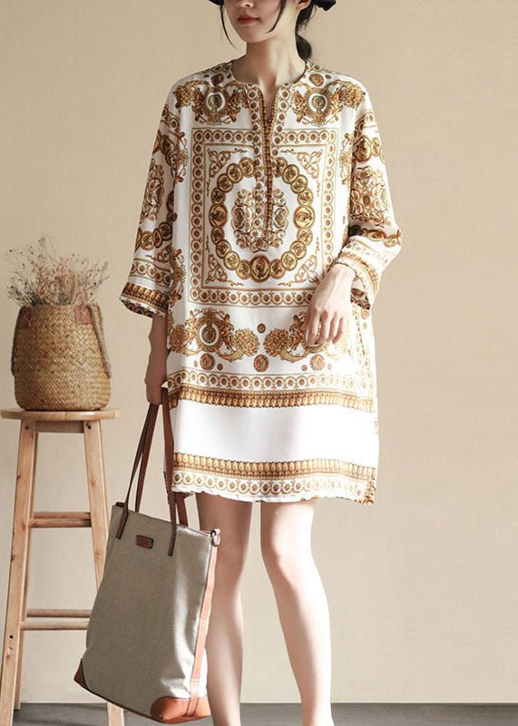 Apricot V Neck Print Patchwork Silk Dresses Summer