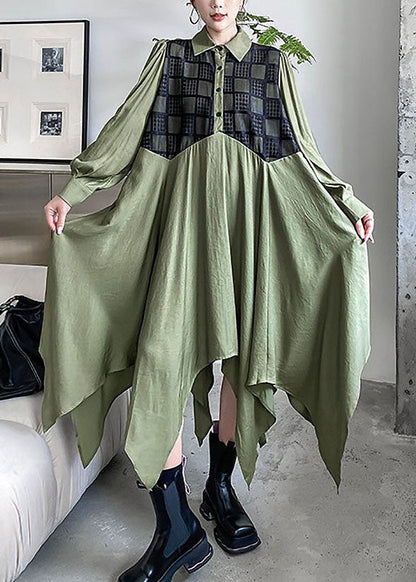 Army Green Asymmetrical Patchwork Cotton Shirt Dresses Spring