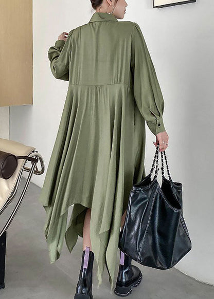 Army Green Asymmetrical Patchwork Cotton Shirt Dresses Spring