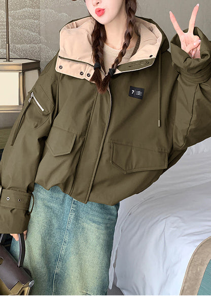 Army Green Hooded Patchwork Fine Cotton Filled Parkas Winter
