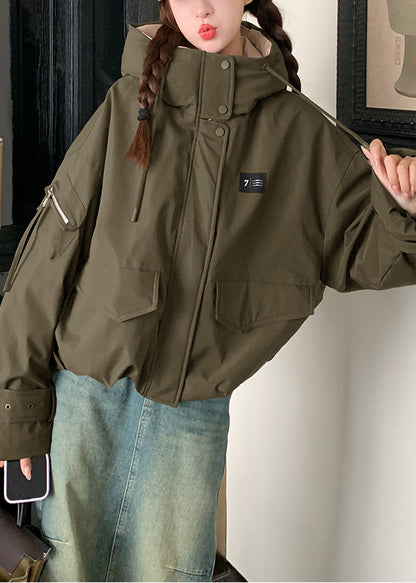 Army Green Hooded Patchwork Fine Cotton Filled Parkas Winter