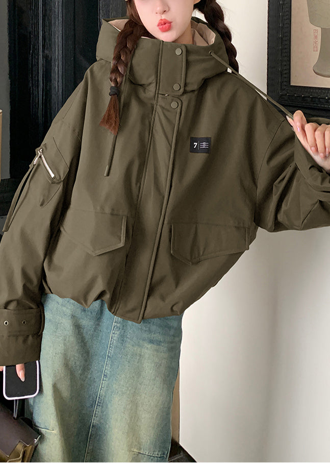 Army Green Hooded Patchwork Fine Cotton Filled Parkas Winter