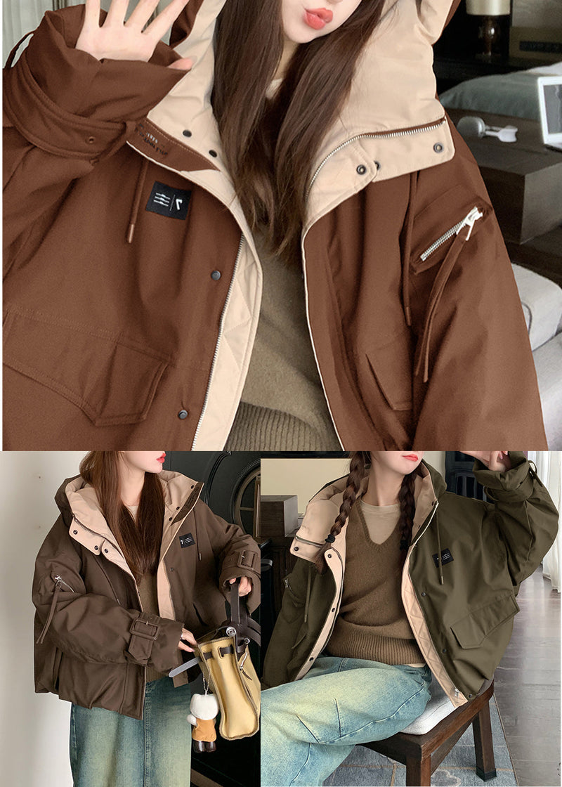 Army Green Hooded Patchwork Fine Cotton Filled Parkas Winter