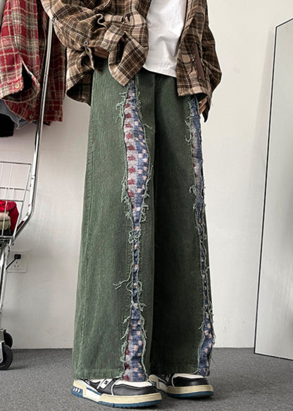 Army Green Original Design Patchwork Corduroy Pants Fall