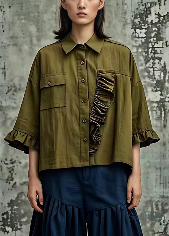 Army Green Ruffled Cotton Blouse Tops Flare Sleeve